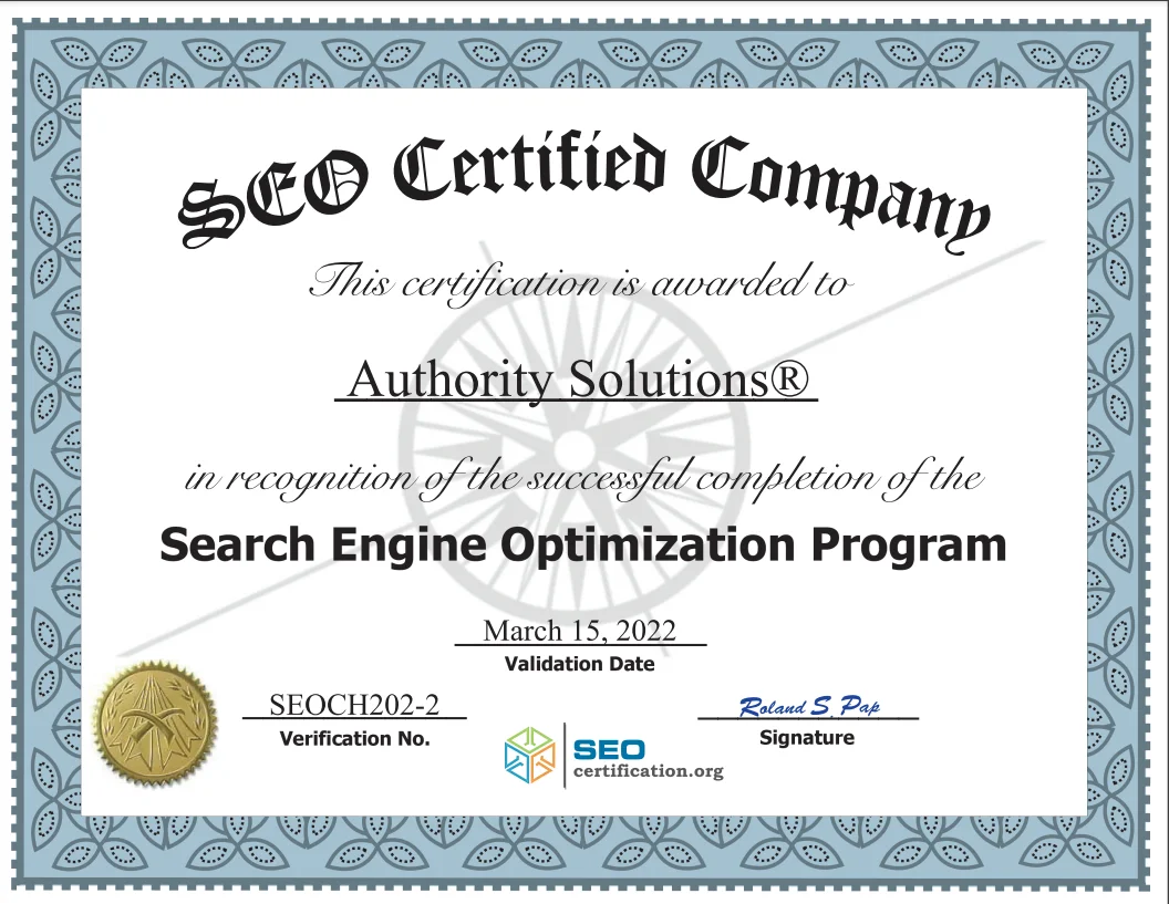 Authority Solutions® Earns Search Engine Optimization Program Certification